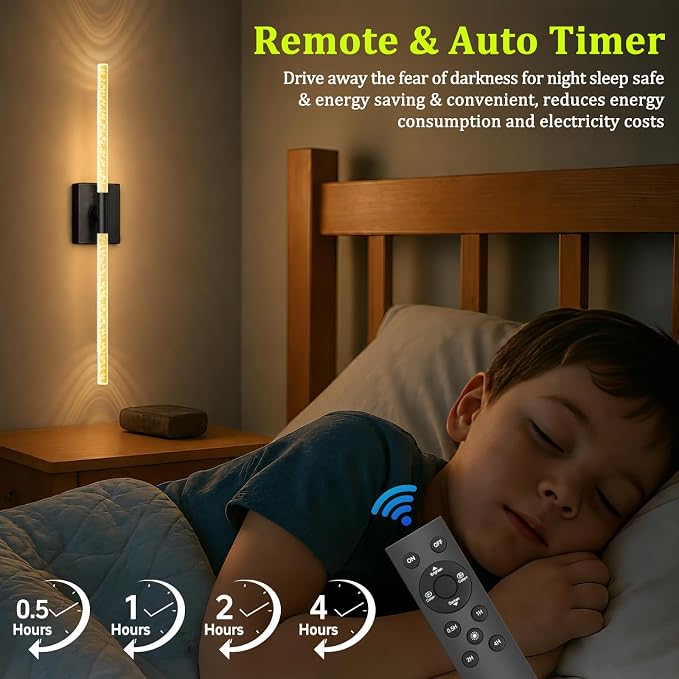 Crystal Bubble Wall Sconces Set of 2, Black 10000mAh Rechargeable | Wireless Lights with Remote & 360° Rotate, 4 Color Temps Dimmable, 31.5" Wall Lamp for Bedroom Living Room Mirror