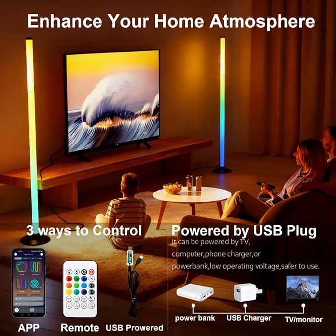IC+RGBW Led Corner Floor Lamp USB Powered App, Remote Control, 1 Pack | App & Remote Control Color Changing, Timer, 64+ Music Modes Standing Lamps for Living Room Lamp Bedroom Gaming Room