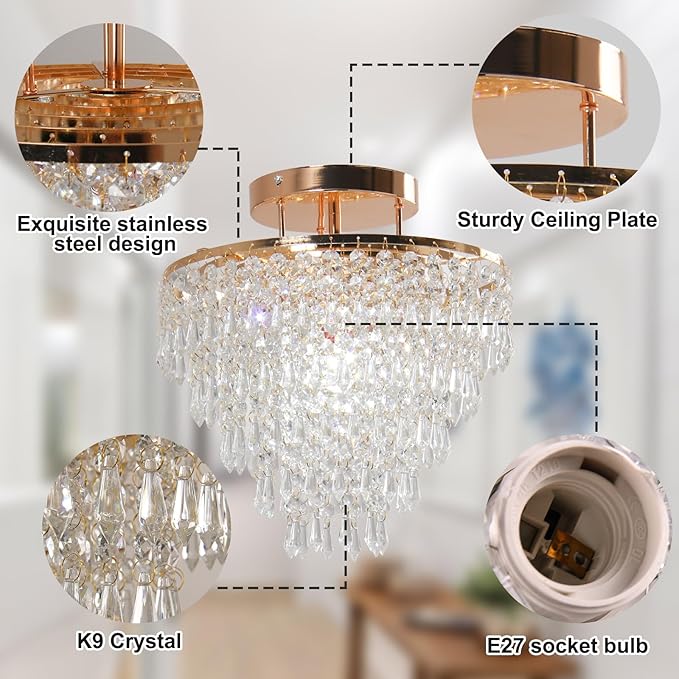 FRIXCHUR 11.8" Crystal Chandelier Gold Flush Mount Ceiling Light 5 Tiers Raindrops Crystals Pendant Lighting Fixture for Bedroom Hallway Living Room E26 Base