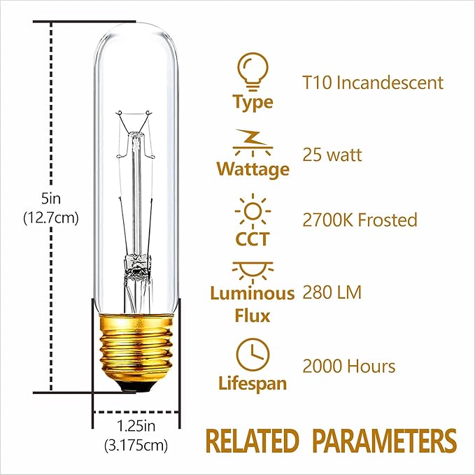 25 Watt T10 Clear Tubular Incandescent Light Bulb, T10 Bulb,Vintage Style Showcase Bulb,Showcase lamp,Dimmable for Desk Lamp,Curio Cabinet,Aquarium,Chandeliers,Aquarium Light Bulb (4PC)