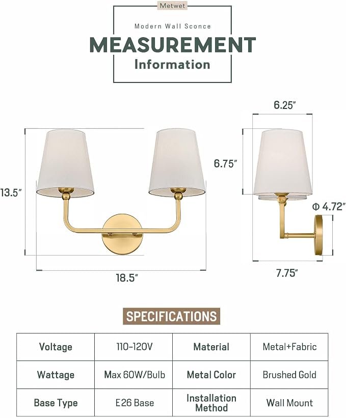 2 Light Bathroom Vanity Light, Brushed Gold Double Wall Sconce with Flared White Fabric Shade, Modern Sconces Wall Lighting for Hallway Bedroom Stairway, VL837-BG | 17" double wall sconce, upward only, E26 base, hardwired, bulbs not included, VL837-BG