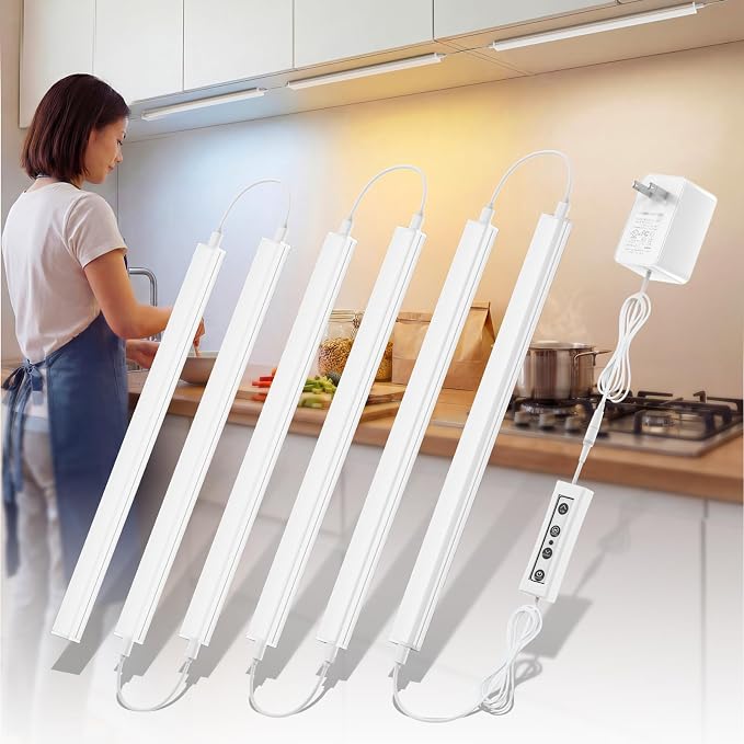 6 Pack Under Cabinet Lighting Plug in, Dimmable & 3 Color Temps 3000K-6000K | Linkable Under Cabinet Lights, 12" Inch 1800LM LED Shelf Lights, Under Counter Lights for Kitchen Cabinet, Closet, Shelf