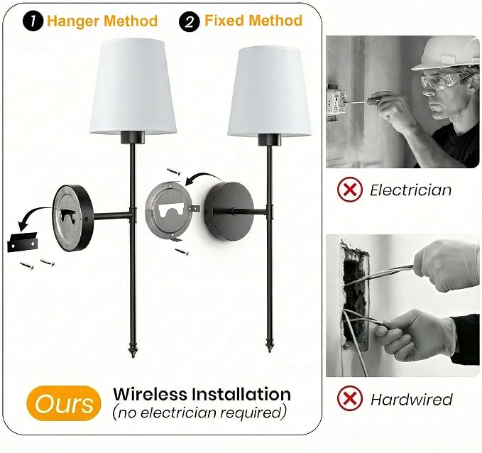 IRONPAX Wall Sconces Battery Operated Set of 2, Wireless Rechargeable Wall Sconce Set of Two, Dimmable Wall Lights with Remote for Bedroom Living Room Hallway Decor (Black, Fabric Shade)