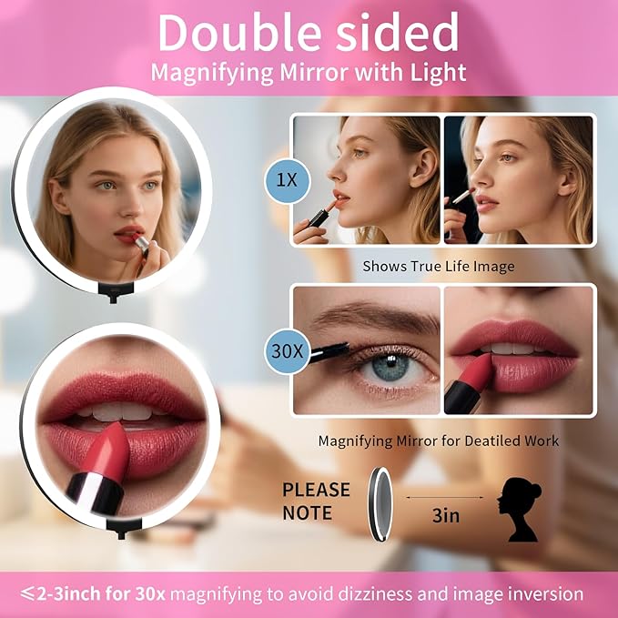 Magnifying Mirror with Light 30X/1X, Double Sided Travel Makeup Mirror with Lights and Magnification, 3 Colors Dimming Lighting, Rechargeable Large Size of 6inch, Foldable Design, 360°Angle Adjustable
