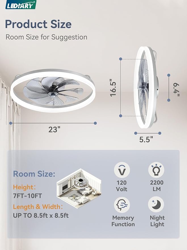 LEDIARY 23" Low Profile Ceiling Fans with Lights, APP & Remote, Grey | Flush Mount, Dimmable LED, Quiet DC Motor, Reversible, 6 Speeds, Fandelier, for Bedroom