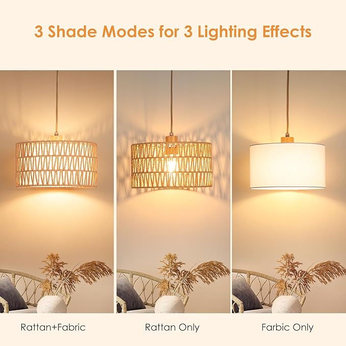 Plug in Pendant Light Rattan Hanging Lamp, Boho Hanging Lights with Paper Woven & Fabric 2 in 1 Shade, 3-Way Dimmable Bulb Included, Ceiling Light Fixture for Living Room,Bedroom,Farmhouse