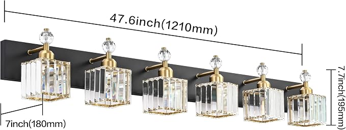 PRESDE 6-Light Crystal Bathroom Lights Fixtures Modern Black and Gold Wall Lamp for Bath Bedroom Hallway