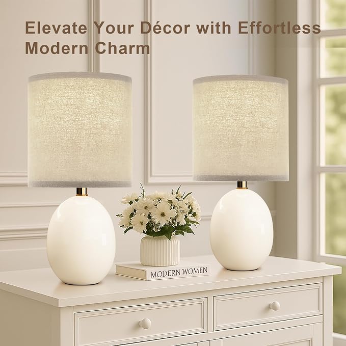 17.3" Table Lamp Set of 2 for Living Room Bedroom, Bedside Lamps for Night Stands, Desk Nightstand Lamp Dimmable, Modern Linen Cream Ceramic Lamps (White-B)
