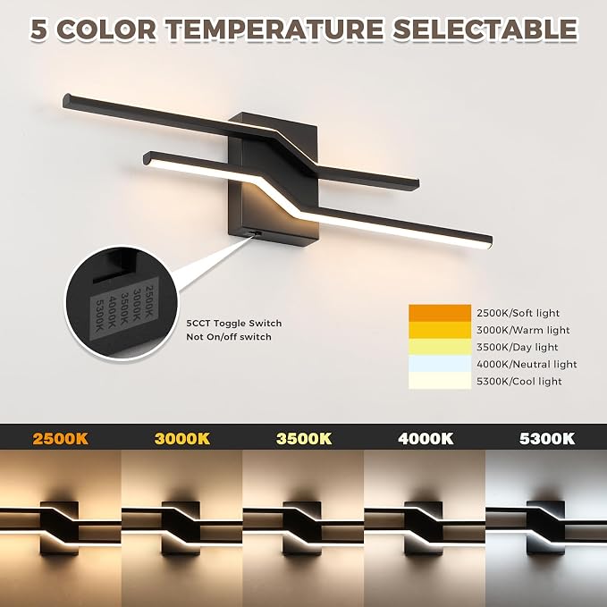 24 Inch Vanity Light for Bathroom Lighting Fixtures Over Mirror Black Dimmable 5CCT 24W Modern Bath Vanity Lights Bar Wall Sconces