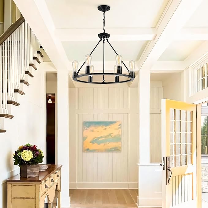 Black Chandelier, 6-Light Dining Room Light Fixture, Round Farmhouse Wagon Wheel Chandeliers for Dining Room Living Room Entryway Kitchen Island Dia 24"