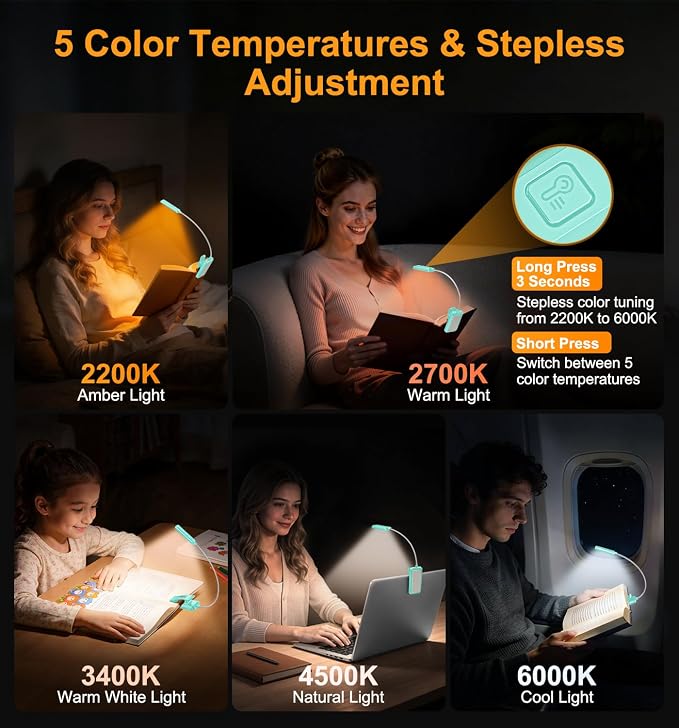 Gritin 2026 Gen 2 Book Light for Reading- 30 Eye Caring Full Spectrum LED | 5 Colors & 5 Brightness, Adjustable Wide/Narrow Beam, Upgrade 1500mAh Long-Lasting Rechargeable Clip on Light-Blue