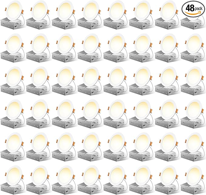 FREELICHT 48 Pack 4 Inch LED Recessed Light with Junction Box, 5CCT, 700LM | 10W, 2700K-5000K Selectable, 5%-100% Dimmable, 120V, White, Ultra-Thin Canless Wafer Downlight, ETL, FCC, IC & Damp Rated