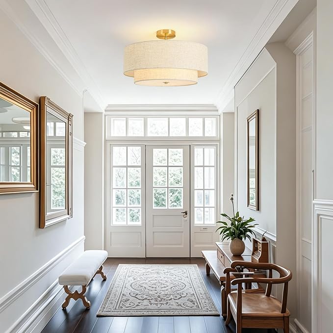 19.7" Semi Flush Mount Ceiling Light, 4-Light Drum Ceiling Light Fixture | 2-Tier Fabric Linen Shade Design, Modern Classic Style, for Dining Room, Living Room, Bedroom, Hallway, Entryway, Brass Gold