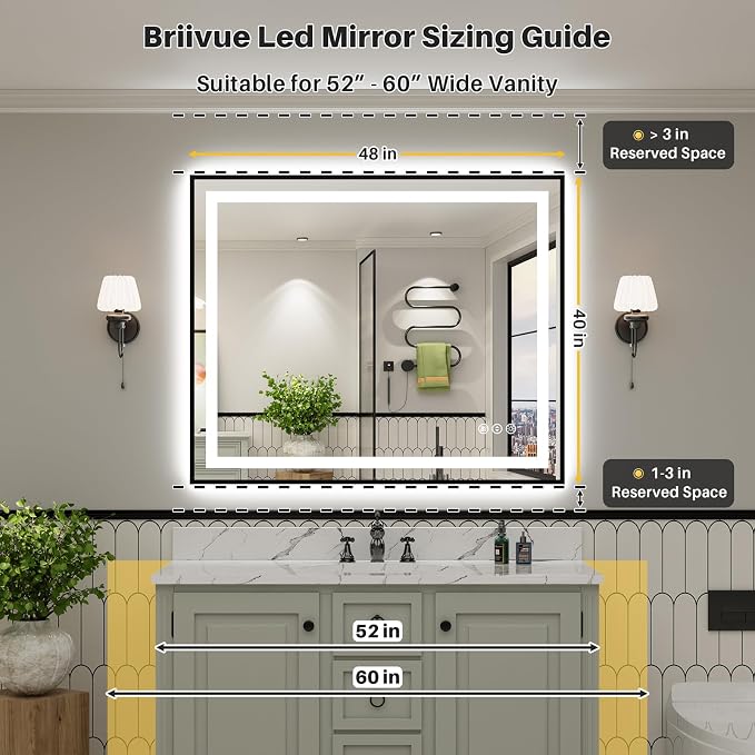 48x40 Inch LED Bathroom Mirror with Black Frame, Backlit & Front Lit | Anti-fog, 3 Color Dimmable, Memory Function, HD Reflection Tempered Glass, ETL Listed, IP54 Waterproof