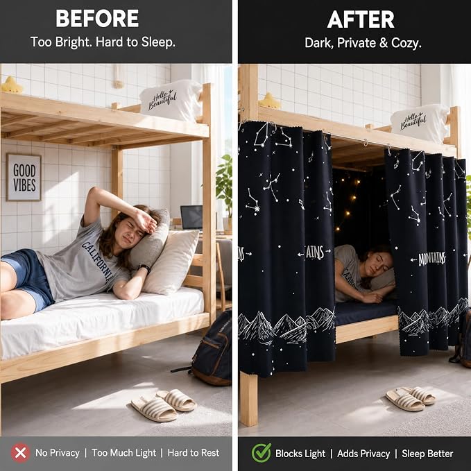 Dorm Blackout Privacy Bottom Bunk Bed Curtains - 2 Panels 78.7"x45.3", No Drill Installation for Twin Loft Beds, Light Blocking Under Bed Canopy with Hanging Hooks & Ropes