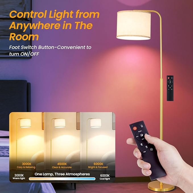 Arc RGB Floor Lamp with Remote Control Dimmable Gold lamps for Living Room | Modern Tall Standing Lamp for Bedroom Corner and Office wiht Adjustable Hanging Drum Shade Over Couch Arched Reading Light