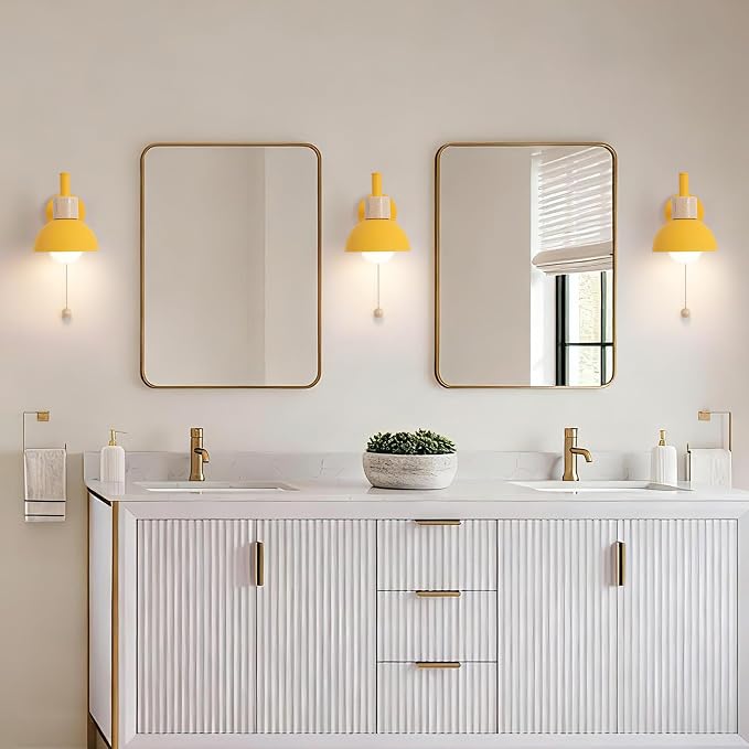 1-Light Nordic Bathroom Wall Sconce with Pull Chain Switch, Modern Vanity Wall Lamp, Bedside Wall Lights for Mirror Kitchen Living Room Hallway Cabinet Porch(Yellow)