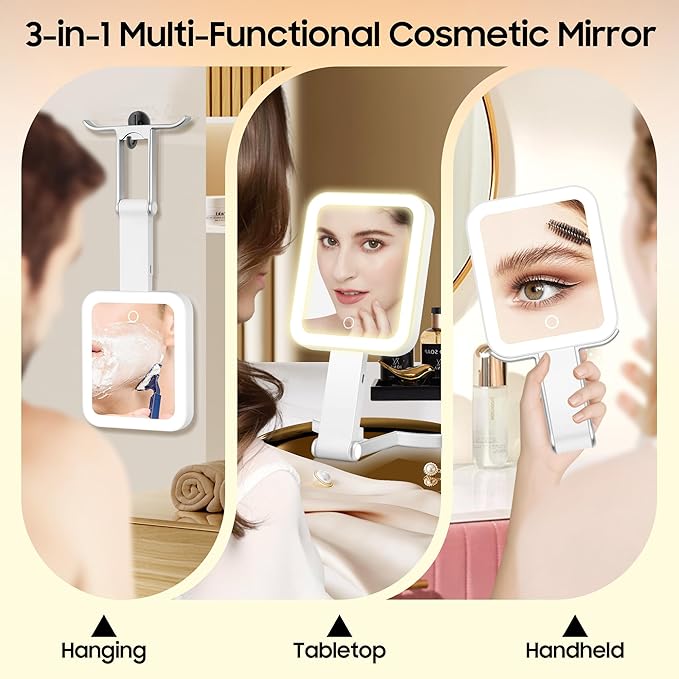 Magnifying Travel Makeup Mirror with Lights, Double-Sided 1X/30X Magnifying Mirror, 3 Color Lighting & Brightness Adjustable, Portable &Foldable Handheld Mirror with Lights(10" L x 5" W)