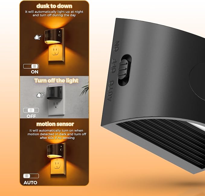 L LOHAS LED Motion Sensor Night Light, Night Lights Plug into Wall, 2 Pack | Nightlight with Dusk to Dawn & Motion Detection Sensor, 30-100Lm Adjustable Brightness, 1600K Amber Light, Black Housing