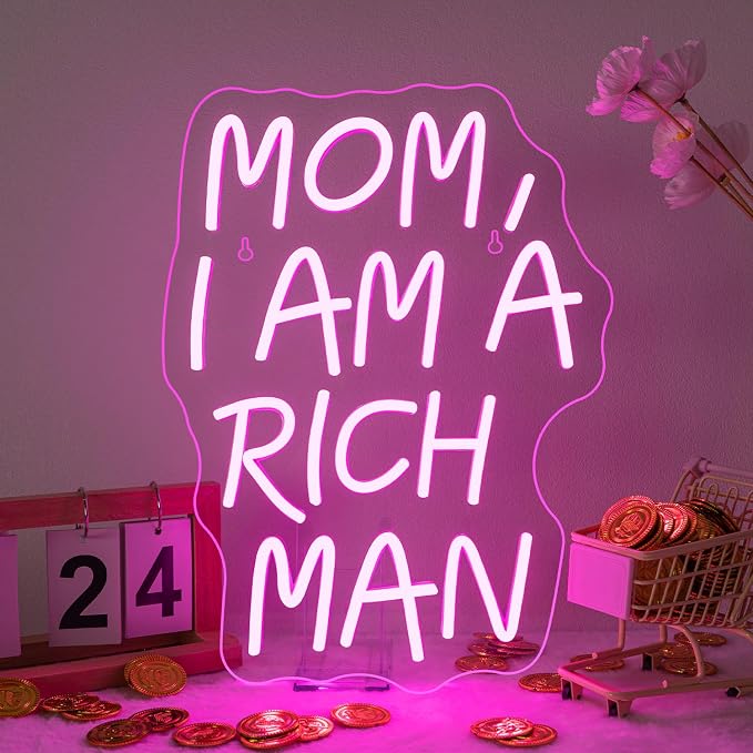 Lucunstar Mom I Am A Rich Man Neon Sign Pink Neon Signs for Wall Decor Pink LED Light for Bedroom Decor USB Connectivity Led Neon Signs for Home Boys Room Man Cave Gifts for Teens