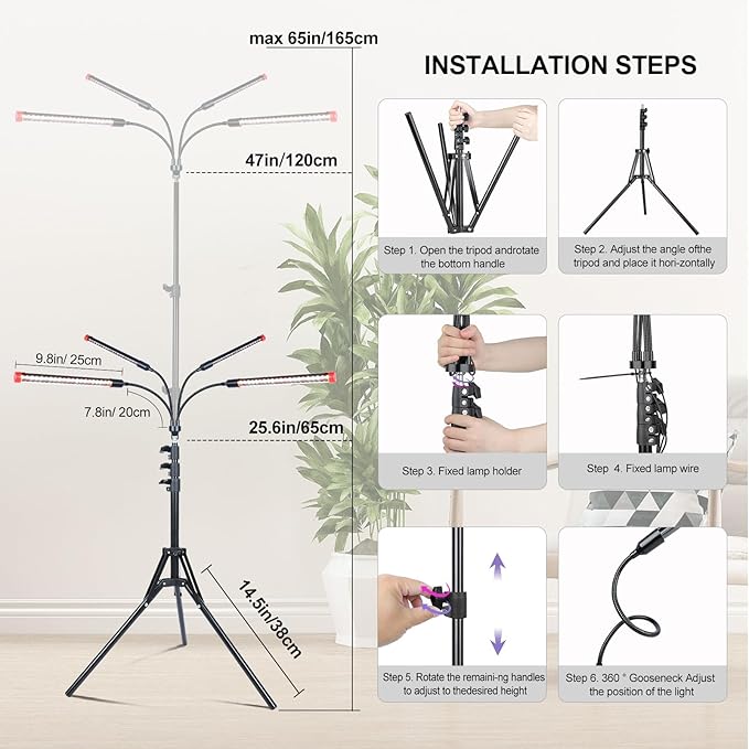 4Head Grow Light with Stand for Tall Indoor Plants, Bonsai Tree, Bright Full Spectrum Plant Growing Lamps, 4/8/12/16/20H Timer, 36 Watt Power Draw, NO Need Adapter, 360° Gooseneck
