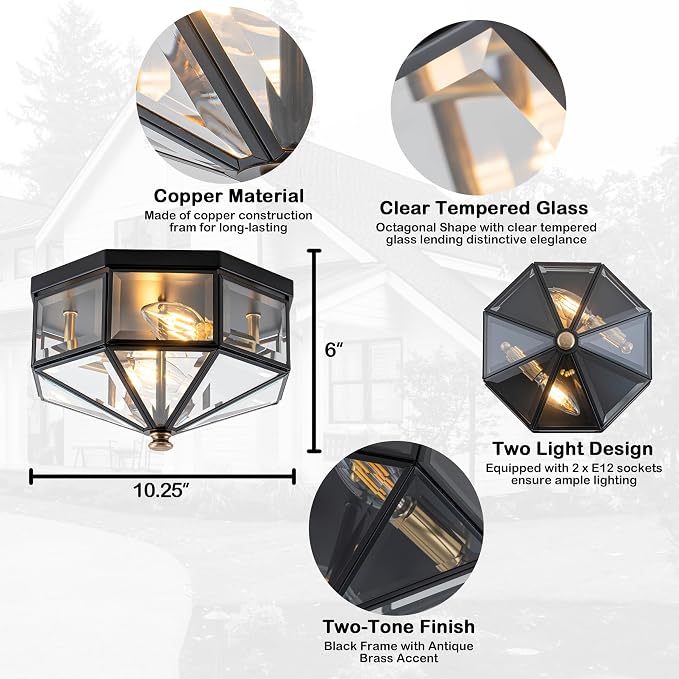 10.25 Inch Copper Outdoor Flush Mount Ceiling Light Fixture | Black and Brass Finish, 2-Light Design, E12 Base, Indoor and Outdoor Use, Vintage Industrial Style, Octagonal Shape