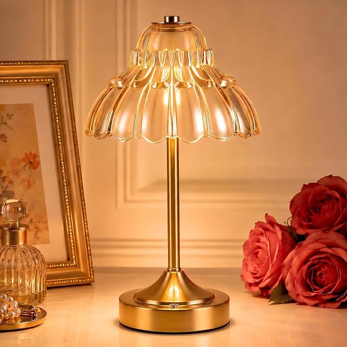 Flower Battery Operated Rechargeable Lamp Cordless, Petal, Amber | Small, Vintage, Gold, Wireless, LED, Dimmable, Table, Home Decor, Bedroom, Bedside, Nightstand, Birthday Gifts for Women