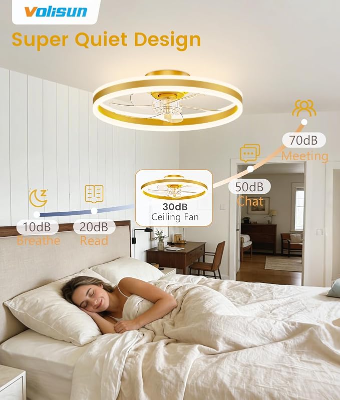 VOLISUN Low Profile Ceiling Fans with Lights and Remote, 20in Flush Mount Ceiling Fans with Light, 3000K-6500K Dimmable Fandelier LED Fan Light, Gold Bladeless Ceiling Fans with Lights for Bedroom