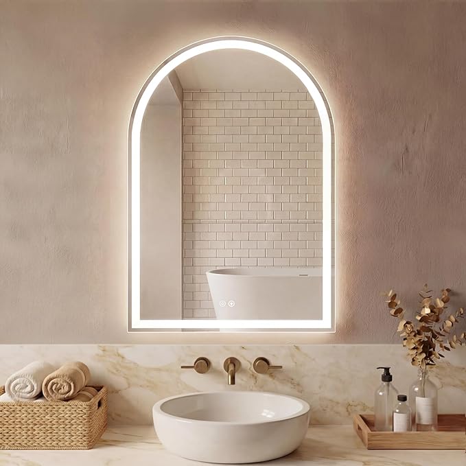 NEWBULIG 24X36 Inch Arched LED Bathroom Wall Mirror with Lights, Light up Vanity Bathroom Mirror for Over Sink, Anti-Fog and Dimmable, Front Light and Backlit, Memory Function, Shatter-Proof, White