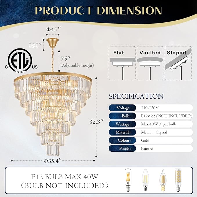 Large Crystal Chandelier Modern Gold 36" Round Chandeliers for Staircase 22 Lights 7-Tier Luxury K9 Crystal Ceiling Pendant Light Fixture for High Ceiling Living Room Foyer