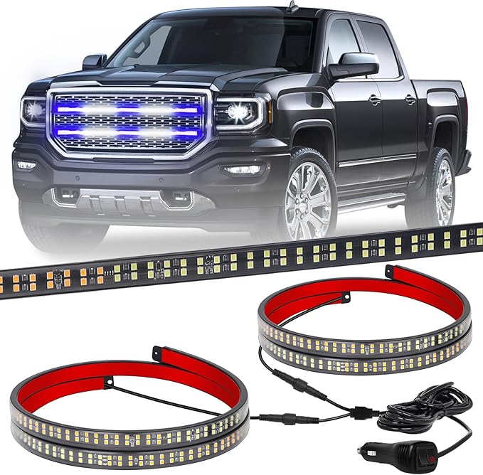XRIDONSEN 2PCS 30 inch Blue White Grill Emergency Lights Strip 360 LED Tailgate/Rear Window/Grille Strobe Lights Flashing Warning Safety First Responder Lights for Firefighter Police Vehicles Trucks