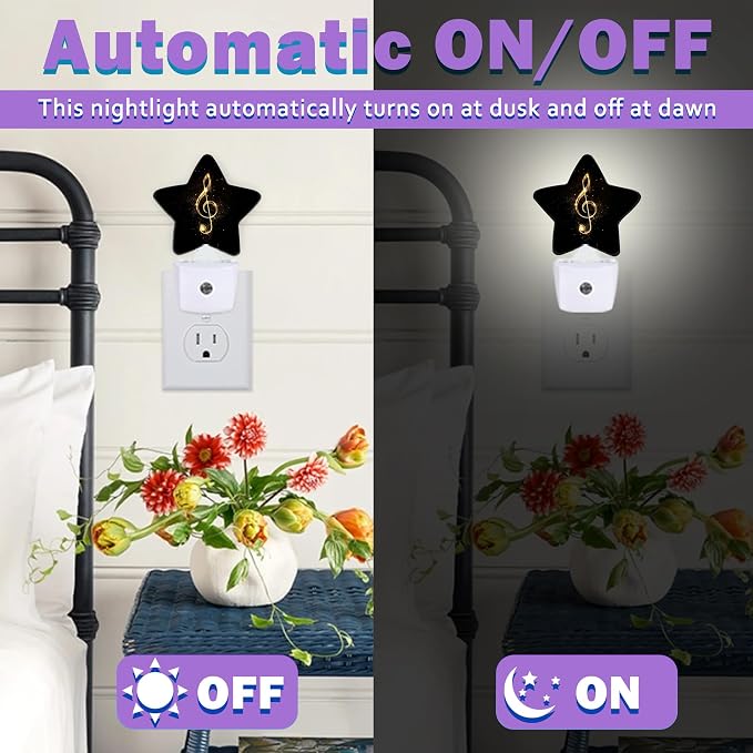 Gold Music Note Night Lights Plug Into Wall Decorative,Black Shiny Sleep Friendly Lamp, Energy Efficient Dusk-to-Dawn Sensor Nightlights for Kid Bedroom Nursery Bathroom