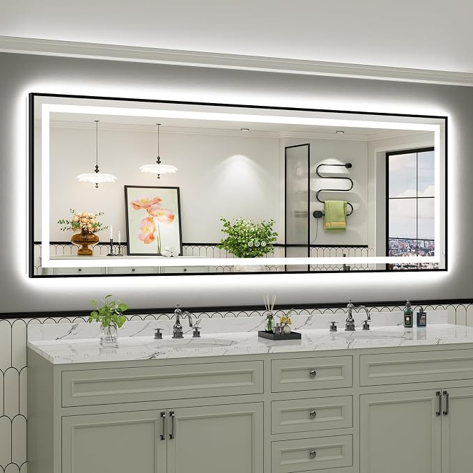 96x36 Inch LED Bathroom Mirror with Black Frame, Backlit & Front Lit | Anti-fog, 3 Color Dimmable, Memory Function, HD Reflection Tempered Glass, ETL Listed, IP54 Waterproof