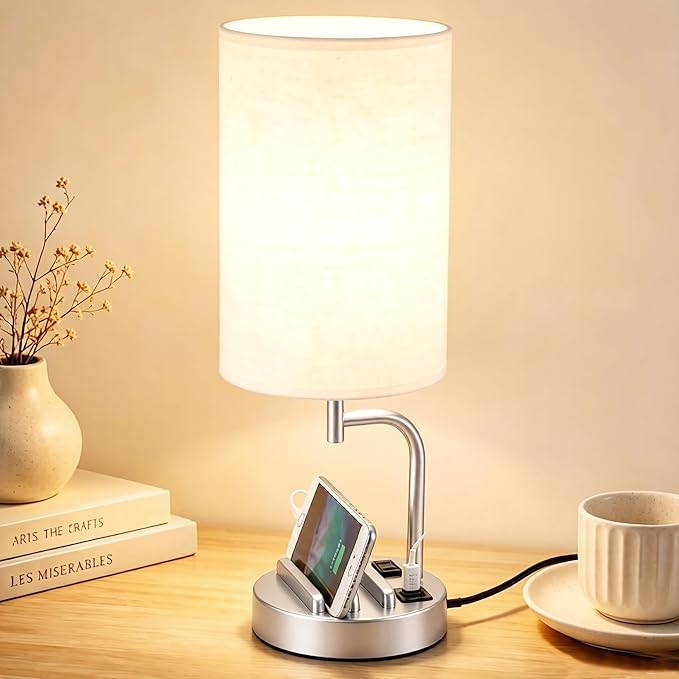 Dreamholder Touch Control USB Table Lamp with USB C/A & AC Outlet, 3-Way Dimmable Bedside Lamp, Modern Nightstand Lamps for Bedroom Living Room Guest Room Office, Bulb Included, Silver