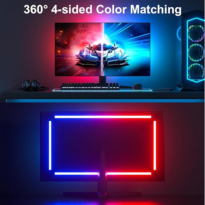 Monitor LED Backlights, 4-Side 24-32inch LED Strip Light Sync with Screen Color/Music, Computer Light Bar Behind Screen, for PC/Mac, LEDs for Desk Gaming, USB Interface (4-Side 24inch)