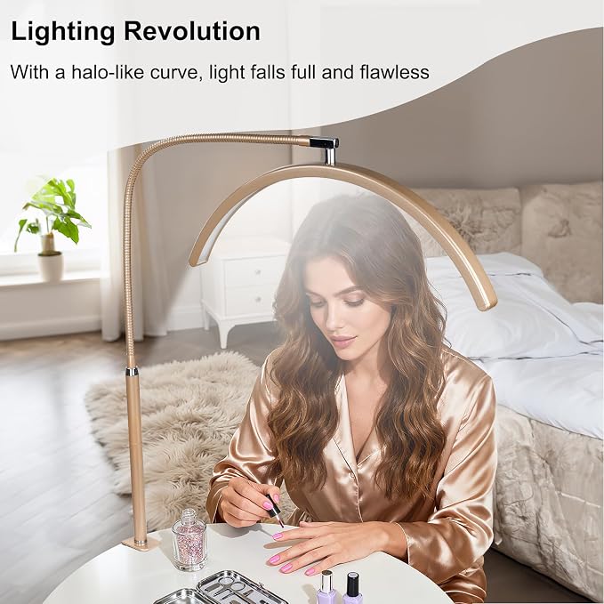 Professional Half Moon LED Desk Light for Nail Techs & Artists – Flexible Gooseneck Lamp with Clamp, 3 Color Modes & 5 Brightness Levels for Manicure, Tattoo, Beauty Work
