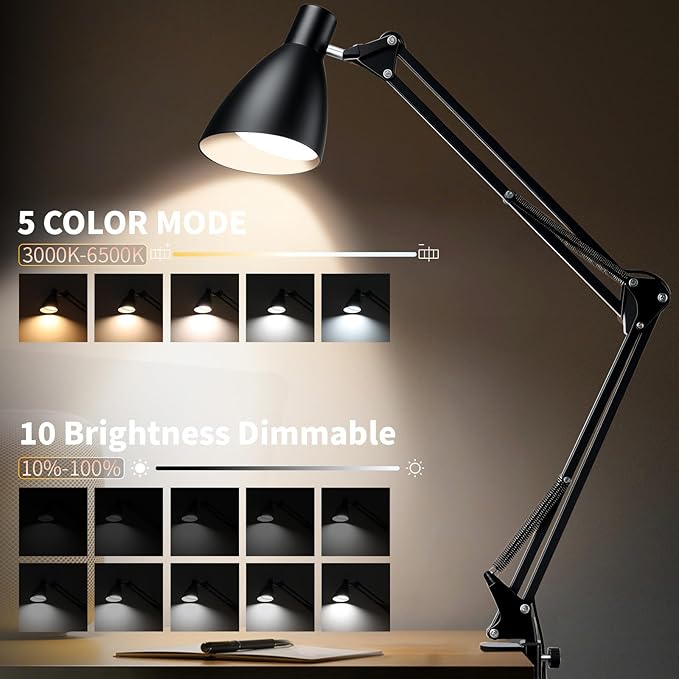 Swing Arm Desk Lamp with Clamp, Adjustable Arm LED Clamp on Desk Lamps with 5 Color Modes and 10 Brightness for Home Office Reading Drafting Study (Black)