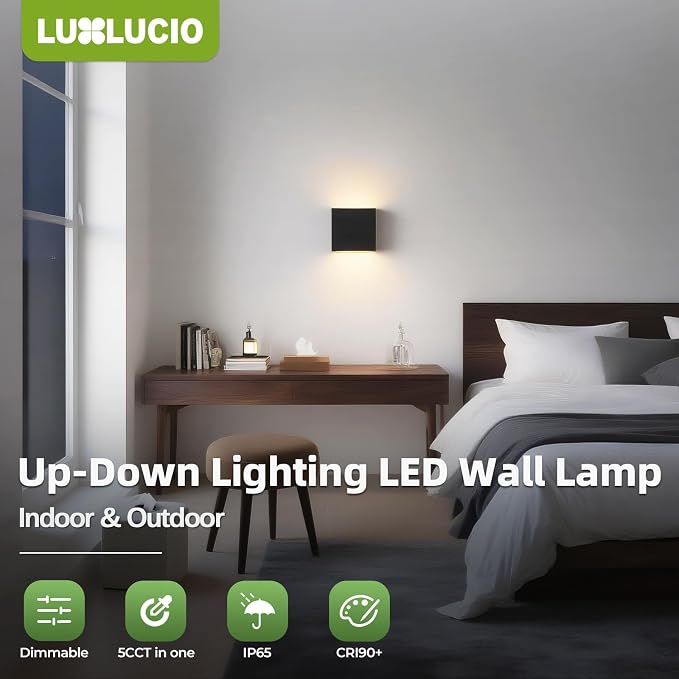 Indoor Outdoor Wall Light, 5%-100% Dimmable, 5 Color Temperature Selectable (2700K-5000K), Modern Wall Sconce for Living Room Porch, IP65 Waterproof, 120V - 277V, CRI90+, ETL FCC Certified