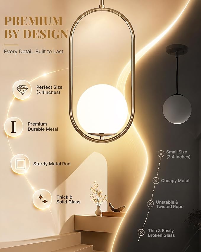 Majade Pendant Lights Kitchen Island, Mid Century Modern Pendant Light Fixtures, Champagne Bronze Globe Glass Pendant Lighting, Chandelier Adjustable Hanging Light for Dining Room Bathroom Bedroom