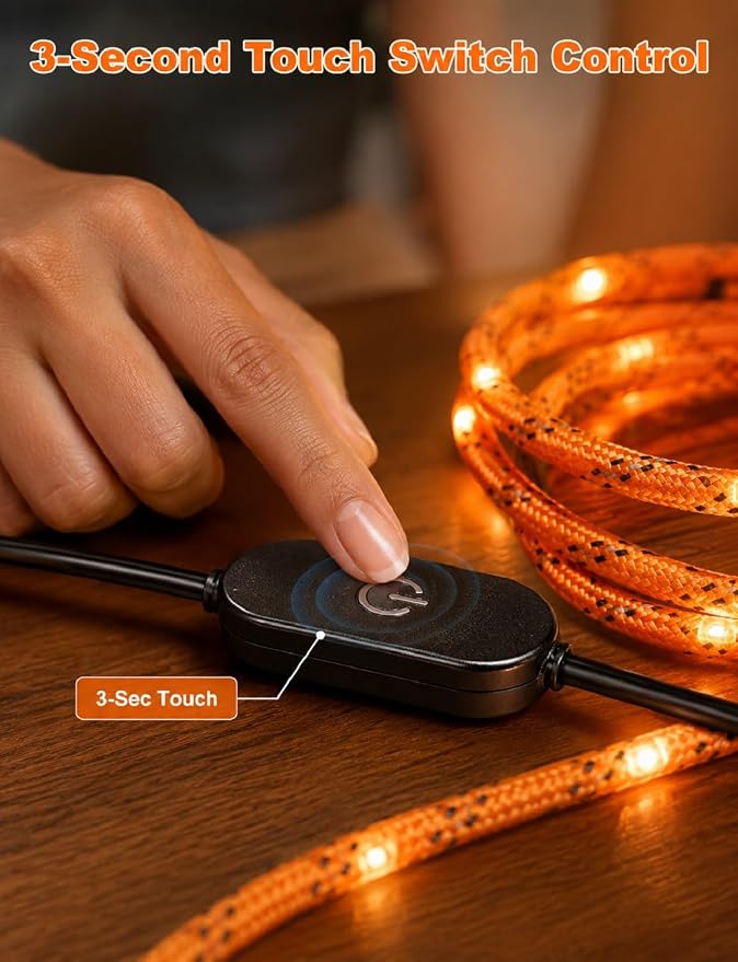 Camping Rope with Light 12FT 660LB LED Illuminated Nylon | Tent Rope for Hammock Clothesline Dog Leash SOS Emergency Type-C Touch Switch IP68 Waterproof Orange