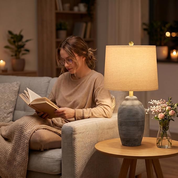 24.5" Vintage Ceramic Table Lamp Single-Rustic Boho Accent Nightstand Lamps for Bedroom, Living Room, Entryway-Small Textured Bedside Lamps, Modern Farmhouse Table Lamps for Home Decor Gray