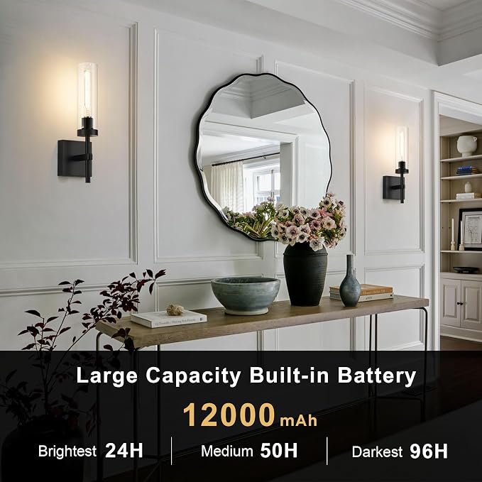 Black Wireless Wall Sconces with Remote Control, Battery Operated Wall Sconce Set of 2, Rechargeable Dimmable Wall Lights for Bedroom Living Room Bathroom Hallway Entryway Stairwell, 3000K