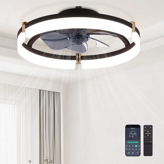 Ceiling Fans with Remote and Lights Fandelier - 20'' Low Profile Flush Mount Modern Black Ceiling Fans for Bedroom - 6 Speeds and Stepless Color Temperature Change
