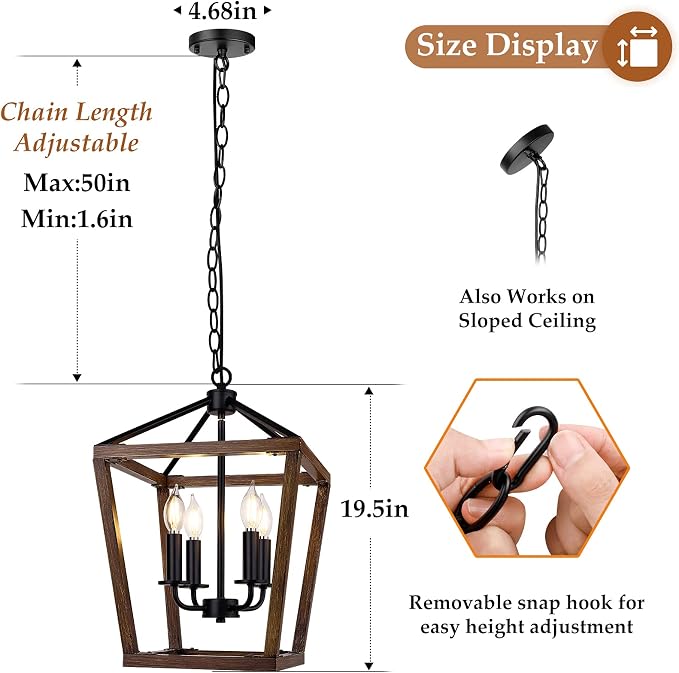 Farmhouse Chandelier Light Fixture for Kitchen Dining Room, 4-Light Rustic Pendant Hanging Ceiling Light Height Adjustable in Oak Wood Finish, Cage Lantern Lighting with E12 Base for Hallway Foyer | Industrial Kitchen Lantern chandelier Over Table, Pen...