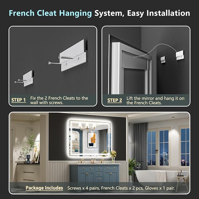 55x36 LED Bathroom Mirror, Backlit & Front Lit Lighted Mirror | Anti-Fog Vanity Mirror with Lights, 3 Color Dimmable, Memory, Shatterproof, Tempered Glass, CRI95, UL Listed, Wall Mounted