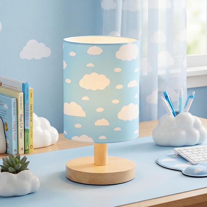 Cloud Kids Table Lamp for Bedroom Kids Bedside Lamp with Linen Wooden Nightstand Cartoon Nursery Lampshade for Girls Boys Living Room