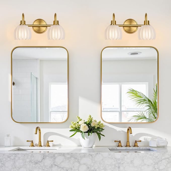 2-Light Bathroom Vanity Light, Brushed Gold Bathroom Light Fixtures with Ribbed Frosted Clear Tulip Glass Shades, Vanity Light Fixtures Over Mirror for Bedroom, Living Room, Hallway