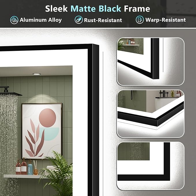 44x30 Black LED Bathroom Mirror, Backlit & Front Lit Lighted Mirror | Metal Framed Anti-Fog Vanity Mirror with Lights, 3 Color Dimmable, Memory, Tempered Glass, CRI95, IP54, Horizontal/Vertical