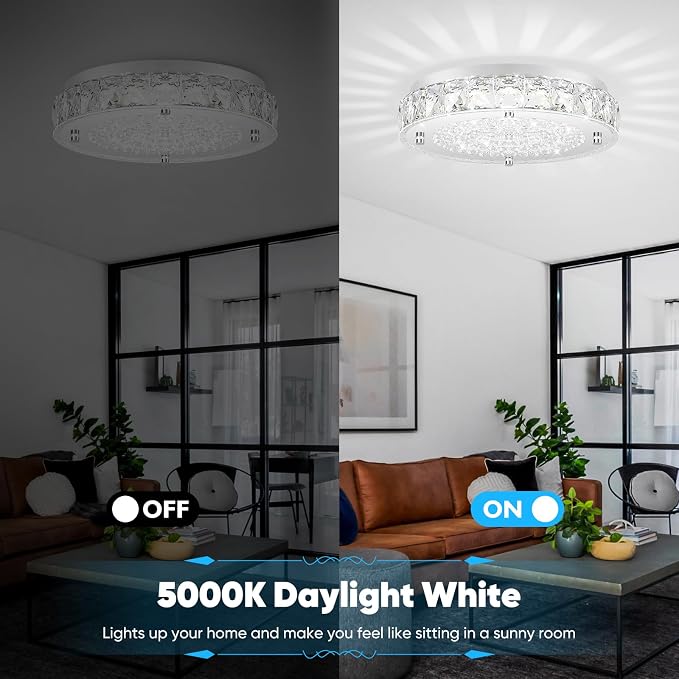 Crystal Flush Mount Chandeliers, LED Ceiling Light Fixture 13-Inch, 5000K Daylight White Super Bright 3300LM Dimmable Farmhouse Kitchen Light Modern Ceiling Lamp for Bedroom Bathroom Nursery