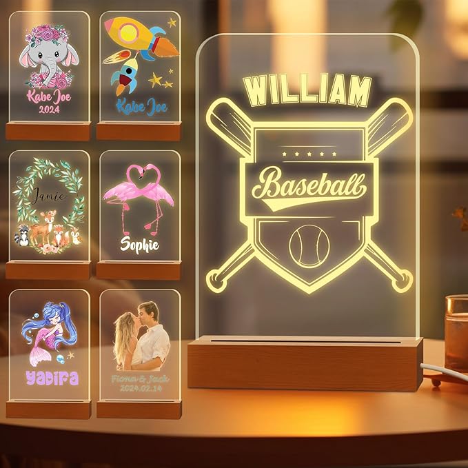 Personalized Night Light for Kids Custom Engraved Name Acrylic LED Lights with Wood Base for Nursery Bedroom Decor Night Lamp, Customized Birthday Gifts for Boy,Baseball